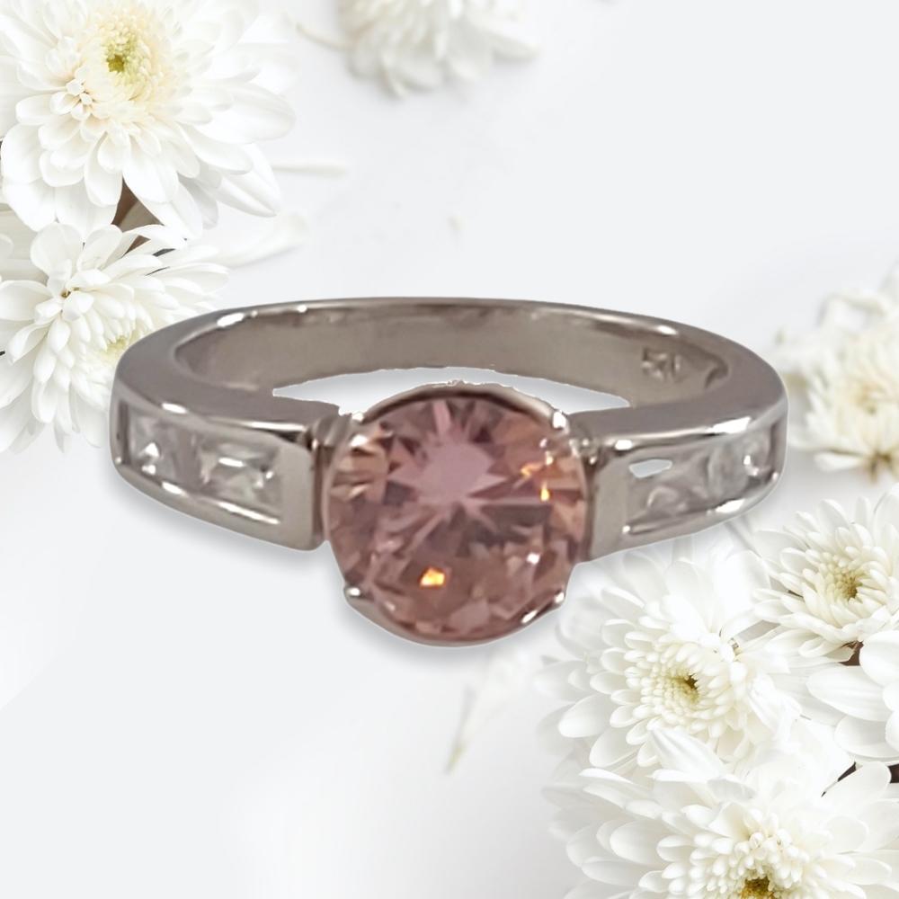 Sterling Silver Ring w/Clear and Pink Stones